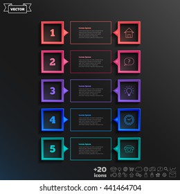 Vector infographic design with colorful square on the black background. Business concept. 5 options, parts, steps. Can be used for graph, diagram, chart, workflow layout, number options, web