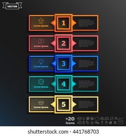 Vector infographic design with colorful square on the black background. Business concept. 5 options, parts, steps. Can be used for graph, diagram, chart, workflow layout, number options, web