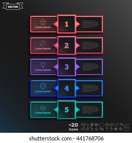 Vector infographic design with colorful square on the black background. Business concept. 5 options, parts, steps. Can be used for graph, diagram, chart, workflow layout, number options, web