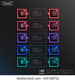 Vector infographic design with colorful square on the black background. Business concept. 5 options, parts, steps. Can be used for graph, diagram, chart, workflow layout, number options, web