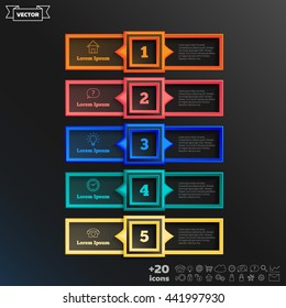 Vector infographic design with colorful square on the black background. Business concept. 5 options, parts, steps. Can be used for graph, diagram, chart, workflow layout, number options, web