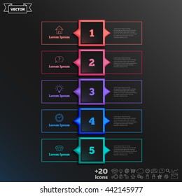 Vector infographic design with colorful square on the black background. Business concept. 5 options, parts, steps. Can be used for graph, diagram, chart, workflow layout, number options, web