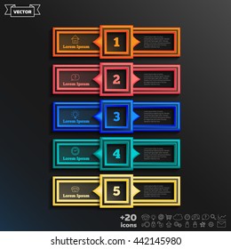 Vector infographic design with colorful square on the black background. Business concept. 5 options, parts, steps. Can be used for graph, diagram, chart, workflow layout, number options, web