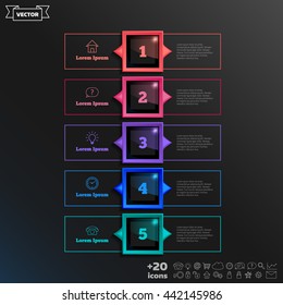 Vector infographic design with colorful square on the black background. Business concept. 5 options, parts, steps. Can be used for graph, diagram, chart, workflow layout, number options, web