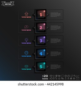 Vector infographic design with colorful square on the black background. Business concept. 5 options, parts, steps. Can be used for graph, diagram, chart, workflow layout, number options, web