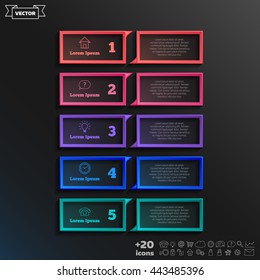 Vector infographic design with colorful square on the black background. Business concept. 5 options, parts, steps. Can be used for graph, diagram, chart, workflow layout, number options, web