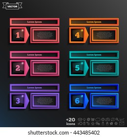 Vector infographic design with colorful square on the black background. Business concept. 6 options, parts, steps. Can be used for graph, diagram, chart, workflow layout, number options, web