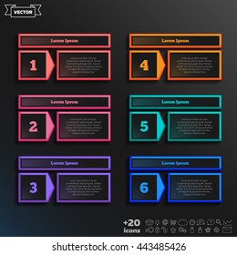 Vector infographic design with colorful square on the black background. Business concept. 6 options, parts, steps. Can be used for graph, diagram, chart, workflow layout, number options, web