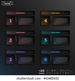 Diseño de infografía de Vector con cuadrado colorido sobre el fondo negro. Concepto de negocio. 6 opciones, piezas, pasos. Puede ser utilizado para el gráfico, diagrama, gráfico, diseño de flujo de trabajo, opciones de número, Web