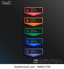 Vector infographic design with colorful square on the black background. Business concept. 5 options, parts, steps. Can be used for graph, diagram, chart, workflow layout, number options, web