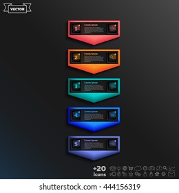 Vector infographic design with colorful square on the black background. Business concept. 5 options, parts, steps. Can be used for graph, diagram, chart, workflow layout, number options, web