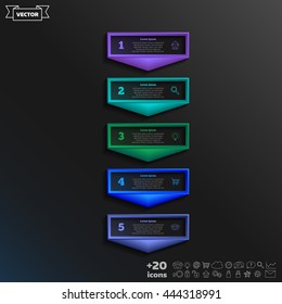 Vector infographic design with colorful square on the black background. Business concept. 5 options, parts, steps. Can be used for graph, diagram, chart, workflow layout, number options, web