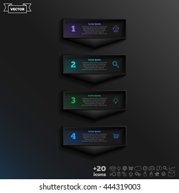 Vector infographic design with colorful square on the black background. Business concept. 4 options, parts, steps. Can be used for graph, diagram, chart, workflow layout, number options, web