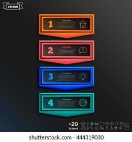 Vector infographic design with colorful square on the black background. Business concept. 4 options, parts, steps. Can be used for graph, diagram, chart, workflow layout, number options, web