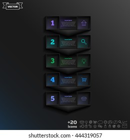 Vector infographic design with colorful square on the black background. Business concept. 5 options, parts, steps. Can be used for graph, diagram, chart, workflow layout, number options, web