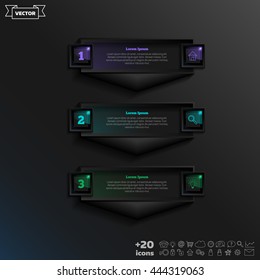 Vector infographic design with colorful square on the black background. Business concept. 3 options, parts, steps. Can be used for graph, diagram, chart, workflow layout, number options, web