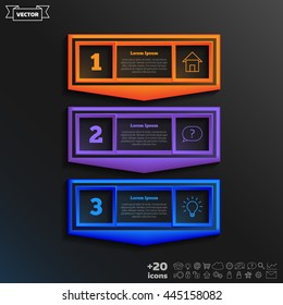 Vector infographic design with colorful square on the black background. Business concept. 3 options, parts, steps. Can be used for graph, diagram, chart, workflow layout, number options, web