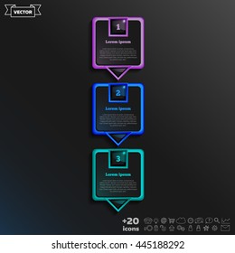 Vector infographic design with colorful square on the black background. Business concept. 3 options, parts, steps. Can be used for graph, diagram, chart, workflow layout, number options, web