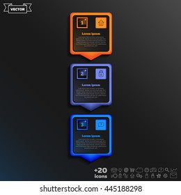 Vector infographic design with colorful square on the black background. Business concept. 3 options, parts, steps. Can be used for graph, diagram, chart, workflow layout, number options, web