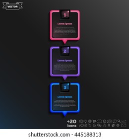 Vector infographic design with colorful square on the black background. Business concept. 3 options, parts, steps. Can be used for graph, diagram, chart, workflow layout, number options, web