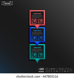 Vector infographic design with colorful square on the black background. Business concept. 3 options, parts, steps.