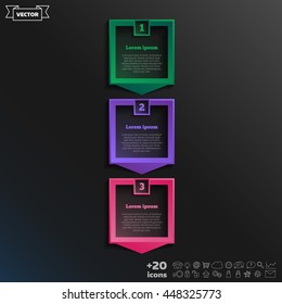 Vector infographic design with colorful square on the black background. Business concept. 3 options, parts, steps. Can be used for graph, diagram, chart, workflow layout, number options, web