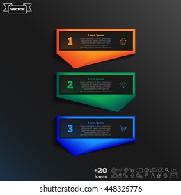 Vector infographic design with colorful square on the black background. Business concept. 3 options, parts, steps. Can be used for graph, diagram, chart, workflow layout, number options, web