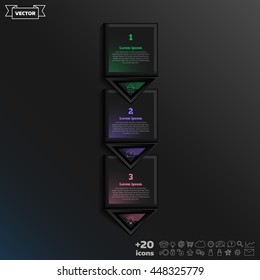 Vector infographic design with colorful square on the black background. Business concept. 3 options, parts, steps. Can be used for graph, diagram, chart, workflow layout, number options, web