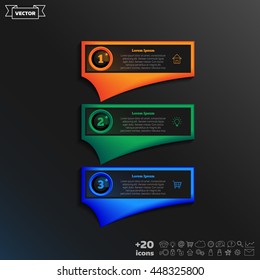 Vector infographic design with colorful square on the black background. Business concept. 3 options, parts, steps. Can be used for graph, diagram, chart, workflow layout, number options, web