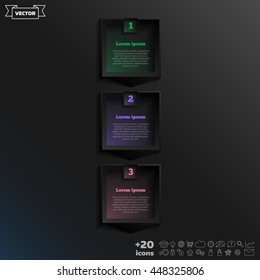 Vector infographic design with colorful square on the black background. Business concept. 3 options, parts, steps. Can be used for graph, diagram, chart, workflow layout, number options, web