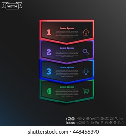 Vector infographic design with colorful square on the black background. Business concept. 4 options, parts, steps. Can be used for graph, diagram, chart, workflow layout, number options, web
