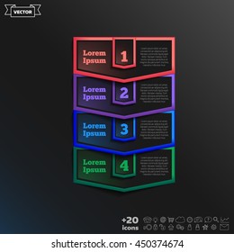 Vector infographic design with colorful square on the black background. Business concept. 4 options, parts, steps. Can be used for graph, diagram, chart, workflow layout, number options, web