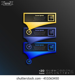 Vector infographic design with colorful square on the black background. Business concept. 3 options, parts, steps. Can be used for graph, diagram, chart, workflow layout, number options, web