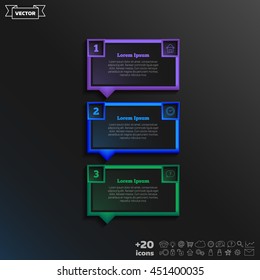 Vector infographic design with colorful square on the black background. Business concept. 3 options, parts, steps. Can be used for graph, diagram, chart, workflow layout, number options, web