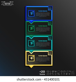 Vector infographic design with colorful square on the black background. Business concept. 4 options, parts, steps. Can be used for graph, diagram, chart, workflow layout, number options, web