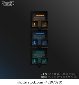 Vector infographic design with colorful square on the black background. Business concept. 3 options, parts, steps. Can be used for graph, diagram, chart, workflow layout, number options, web