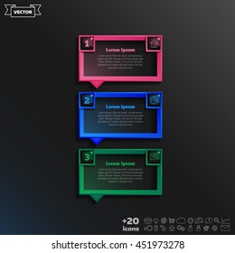 Vector infographic design with colorful square on the black background. Business concept. 3 options, parts, steps. Can be used for graph, diagram, chart, workflow layout, number options, web
