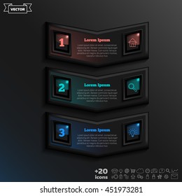 Vector infographic design with colorful square on the black background. Business concept. 3 options, parts, steps. Can be used for graph, diagram, chart, workflow layout, number options, web