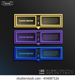 Vector infographic design with colorful square on the black background. Business concept. 3 options, parts, steps. Can be used for graph, diagram, chart, workflow layout, number options, web