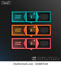 Vector infographic design with colorful square on the black background. Business concept. 3 options, parts, steps. Can be used for graph, diagram, chart, workflow layout, number options, web