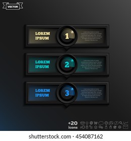 Vector infographic design with colorful square on the black background. Business concept. 3 options, parts, steps. Can be used for graph, diagram, chart, workflow layout, number options, web