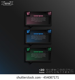 Vector infographic design with colorful square on the black background. Business concept. 3 options, parts, steps. Can be used for graph, diagram, chart, workflow layout, number options, web