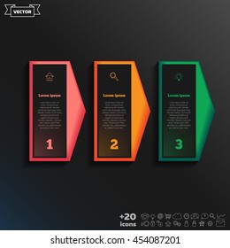 Vector infographic design with colorful square on the black background. Business concept. 3 options, parts, steps. Can be used for graph, diagram, chart, workflow layout, number options, web