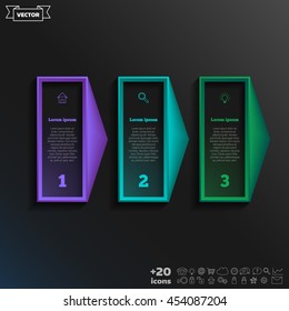 Vector infographic design with colorful square on the black background. Business concept. 3 options, parts, steps. Can be used for graph, diagram, chart, workflow layout, number options, web