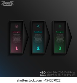Vector infographic design with colorful square on the black background. Business concept. 3 options, parts, steps. Can be used for graph, diagram, chart, workflow layout, number options, web
