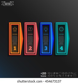 Vector infographic design with colorful square on the black background. Business concept. 4 options, parts, steps. Can be used for graph, diagram, chart, workflow layout, number options, web