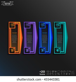 Vector infographic design with colorful square on the black background. Business concept. 4 options, parts, steps. Can be used for graph, diagram, chart, workflow layout, number options, web