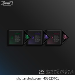 Vector infographic design with colorful square on the black background. Business concept. 3 options, parts, steps. Can be used for graph, diagram, chart, workflow layout, number options, web