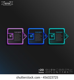 Vector infographic design with colorful square on the black background. Business concept. 3 options, parts, steps. Can be used for graph, diagram, chart, workflow layout, number options, web