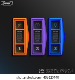 Vector infographic design with colorful square on the black background. Business concept. 3 options, parts, steps. Can be used for graph, diagram, chart, workflow layout, number options, web